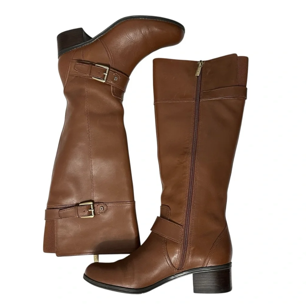 Bandolino Brown Leather Block Heel Knee-High Boots Buckle Equestrian Classic 6.5